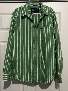 American Eagle Outfitters Green and White Vertical Stripe Button-Down Shirt
